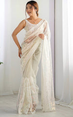 Elegant Cream Color Net Fabric Designer Saree