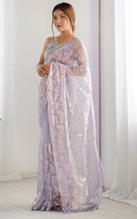 Elegant Purple Color Net Fabric Designer Saree