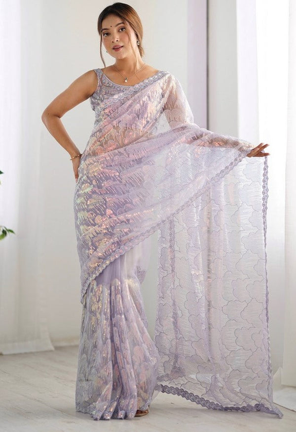 Elegant Purple Color Net Fabric Designer Saree