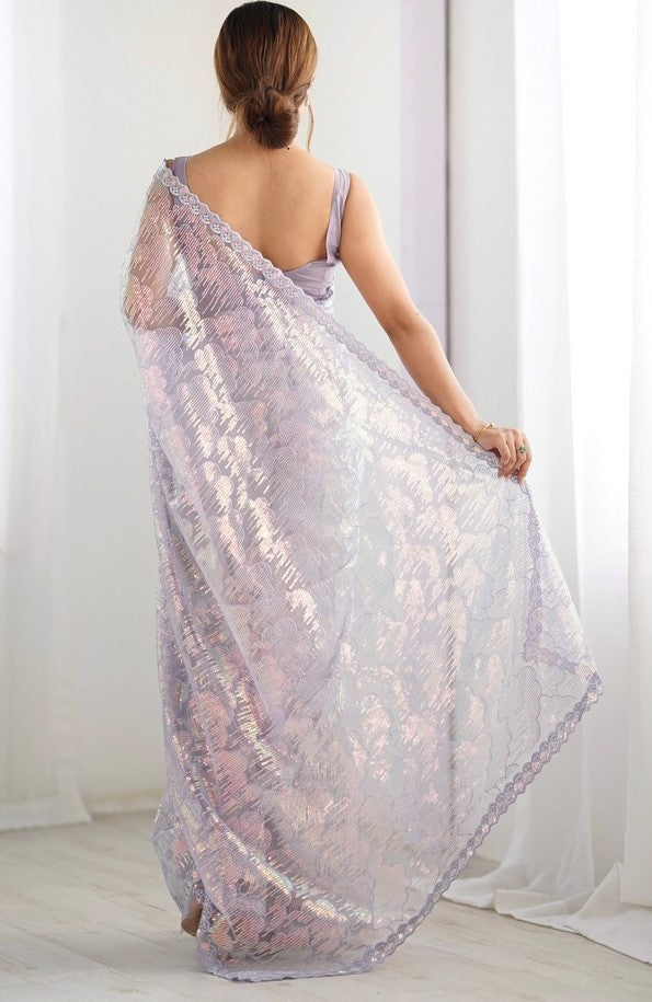 Elegant Purple Color Net Fabric Designer Saree