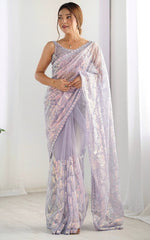 Elegant Purple Color Net Fabric Designer Saree