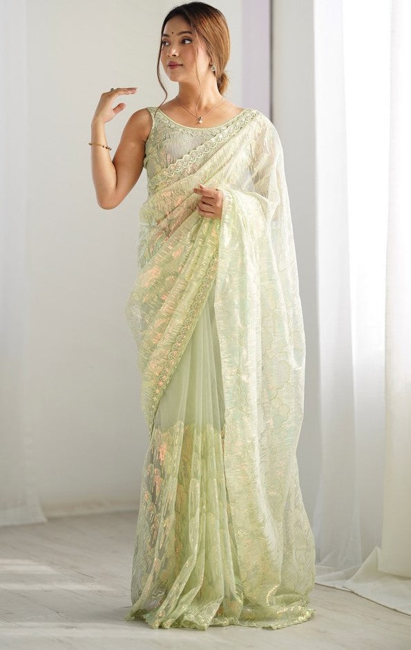 Elegant Green Color Net Fabric Designer Saree