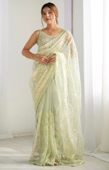 Elegant Green Color Net Fabric Designer Saree