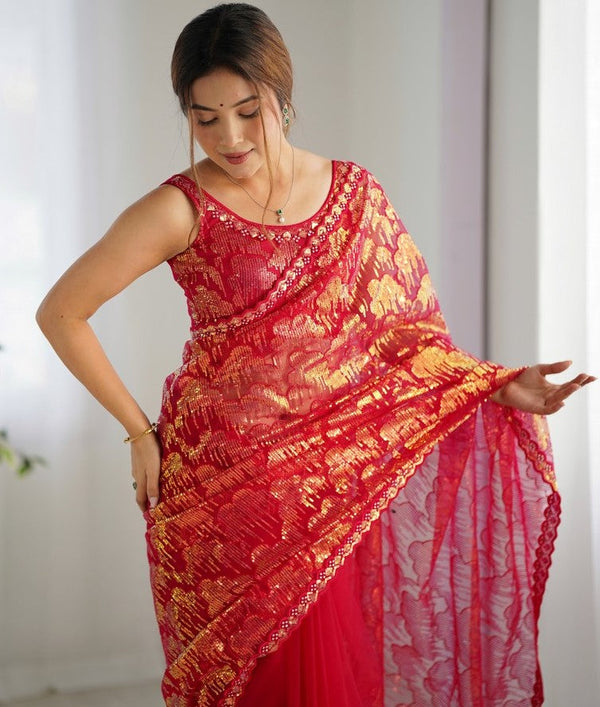 Elegant Red Color Net Fabric Designer Saree