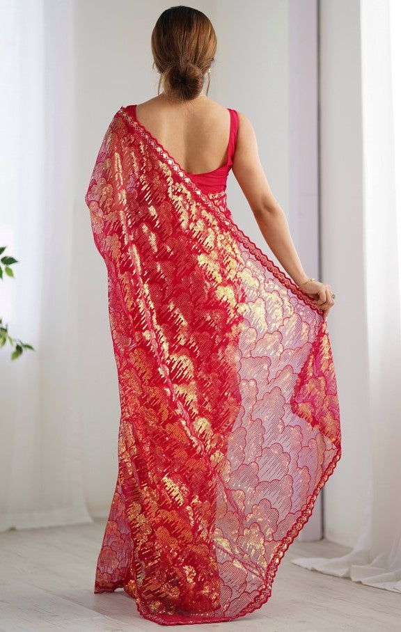 Elegant Red Color Net Fabric Designer Saree