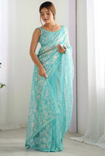 Elegant Aqua Color Net Fabric Designer Saree