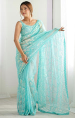 Elegant Aqua Color Net Fabric Designer Saree