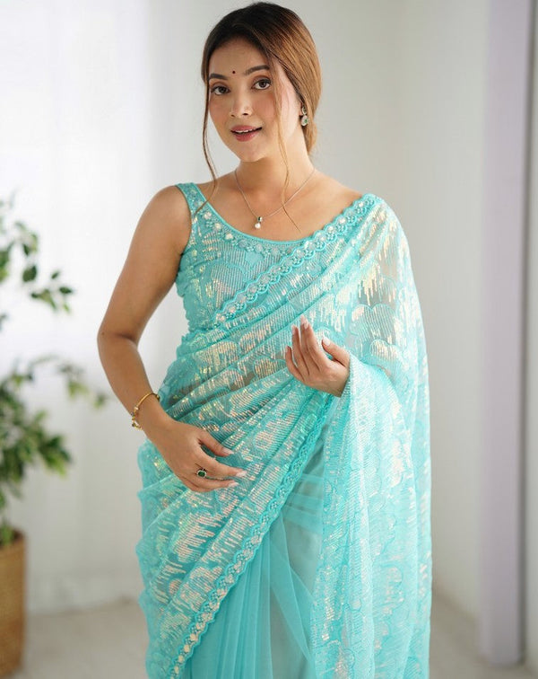 Elegant Aqua Color Net Fabric Designer Saree