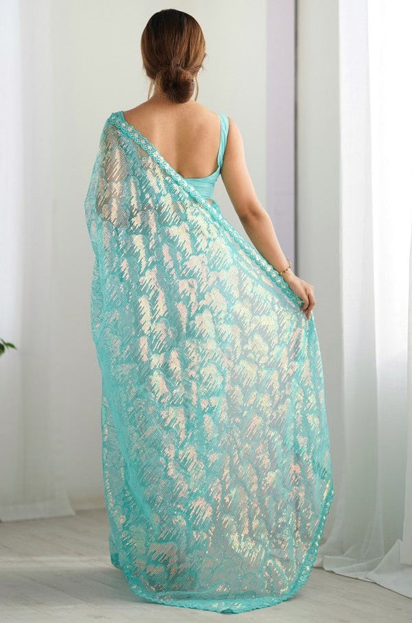 Elegant Aqua Color Net Fabric Designer Saree