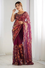 Elegant Wine Color Net Fabric Designer Saree