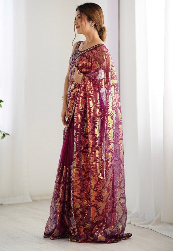 Elegant Wine Color Net Fabric Designer Saree