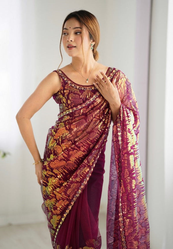 Elegant Wine Color Net Fabric Designer Saree