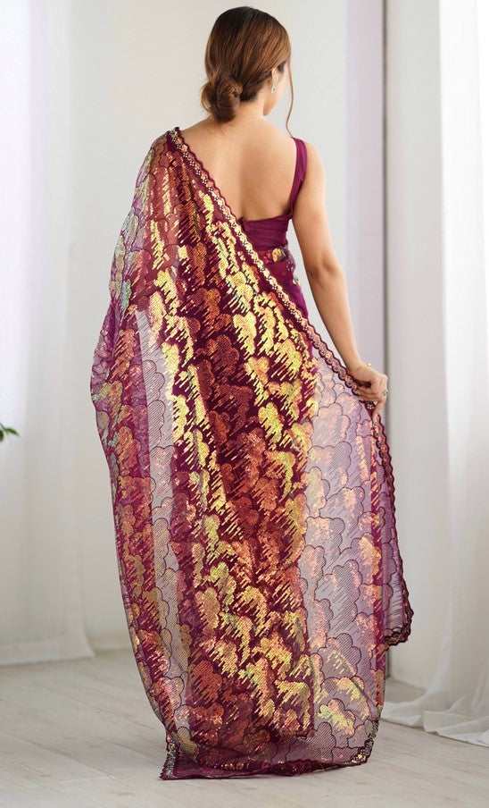 Elegant Wine Color Net Fabric Designer Saree