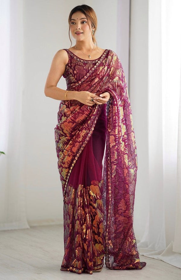 Elegant Wine Color Net Fabric Designer Saree