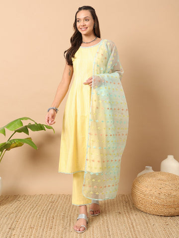 Divine Yellow Color Cotton Fabric Designer Suit