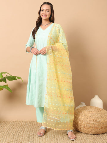 Divine Green Color Cotton Fabric Designer Suit