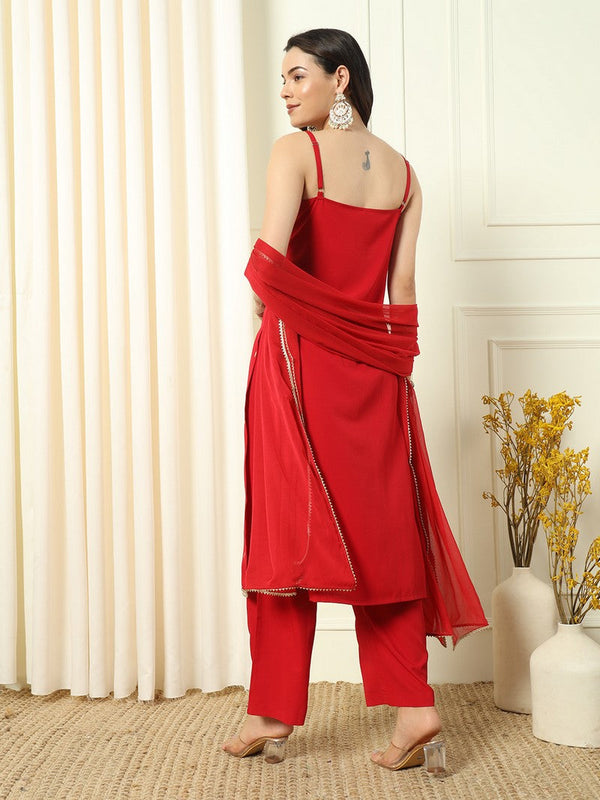 Divine Red Color Crepe Fabric Designer Suit