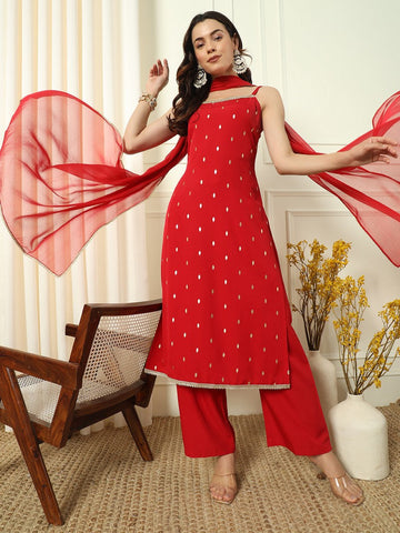 Divine Red Color Crepe Fabric Designer Suit