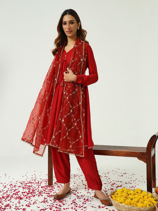 Divine Red Color Chanderi Fabric Designer Suit