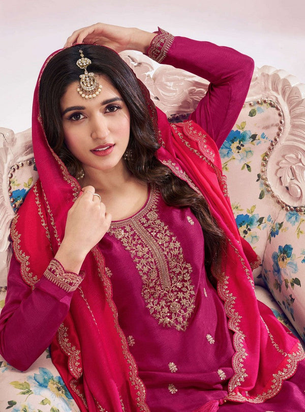 Angelic Pink Color Vichitra Fabric Plazzo Suit