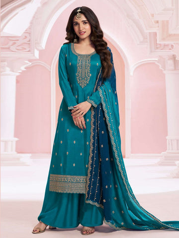 Angelic Teal Color Vichitra Fabric Plazzo Suit