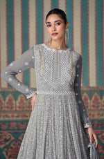 Pleasant Grey Color Georgette Fabric Partywear Suit