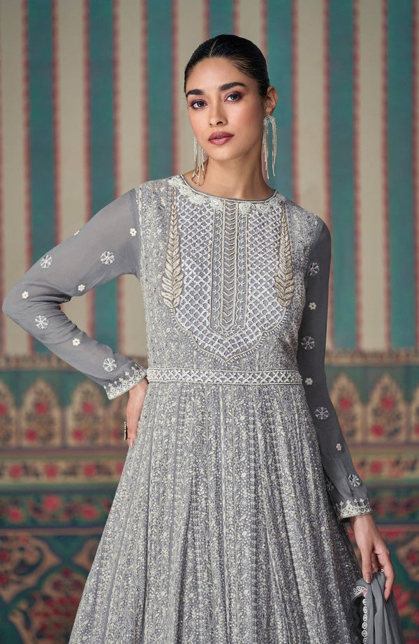 Pleasant Grey Color Georgette Fabric Partywear Suit