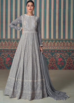 Pleasant Grey Color Georgette Fabric Partywear Suit