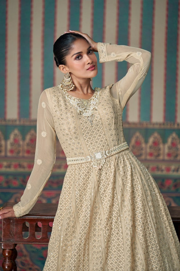 Pleasant Beige Color Georgette Fabric Partywear Suit