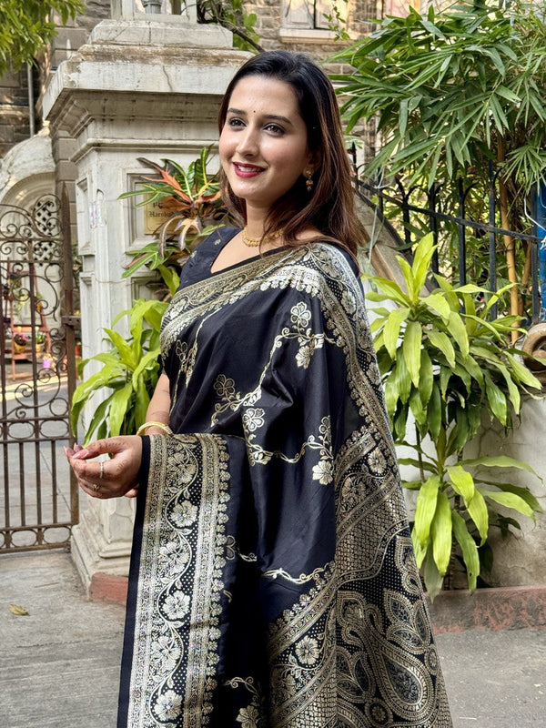 Grand Black Color Banarasi Fabric Partywear Saree