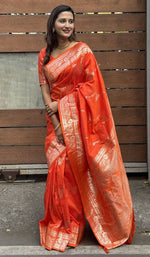 Grand Orange Color Banarasi Fabric Partywear Saree