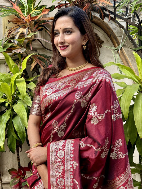 Grand Maroon Color Banarasi Fabric Partywear Saree