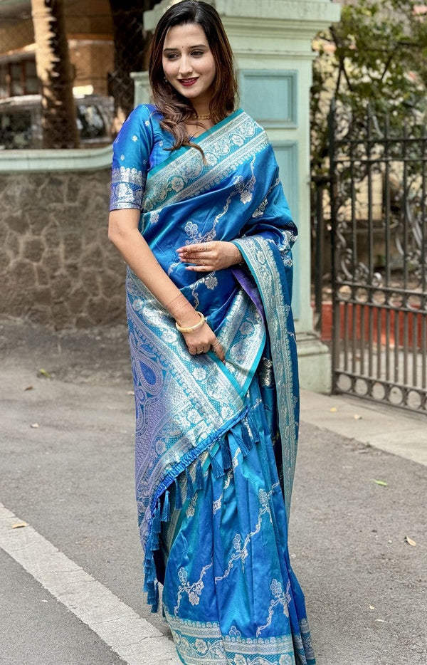 Grand Turquoise Color Banarasi Fabric Partywear Saree