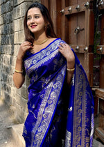 Grand Blue Color Banarasi Fabric Partywear Saree