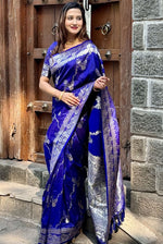 Grand Blue Color Banarasi Fabric Partywear Saree