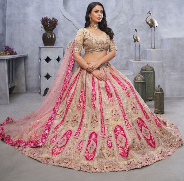 Dazzling Beige Color Organza Fabric Party Wear Lehenga