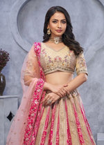 Dazzling Beige Color Organza Fabric Party Wear Lehenga