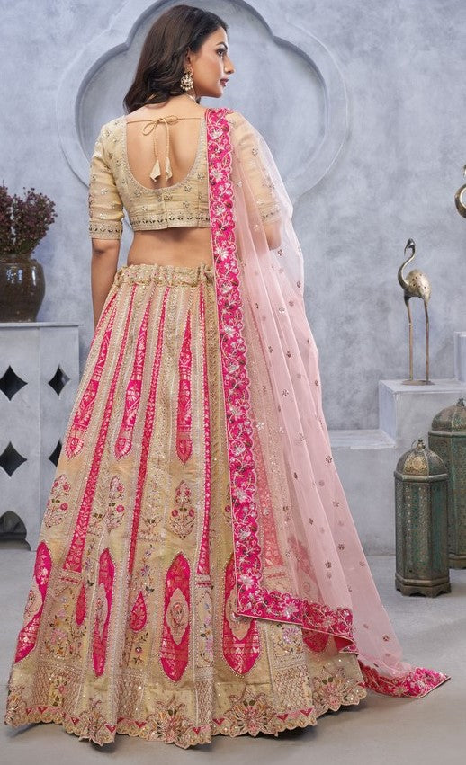 Dazzling Beige Color Organza Fabric Party Wear Lehenga