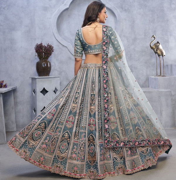 Dazzling Grey Color Organza Fabric Party Wear Lehenga