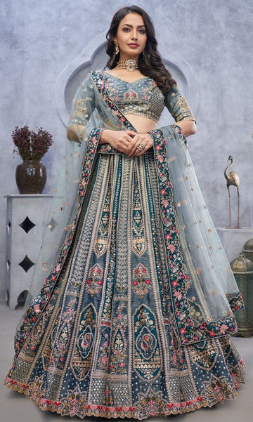 Dazzling Grey Color Organza Fabric Party Wear Lehenga