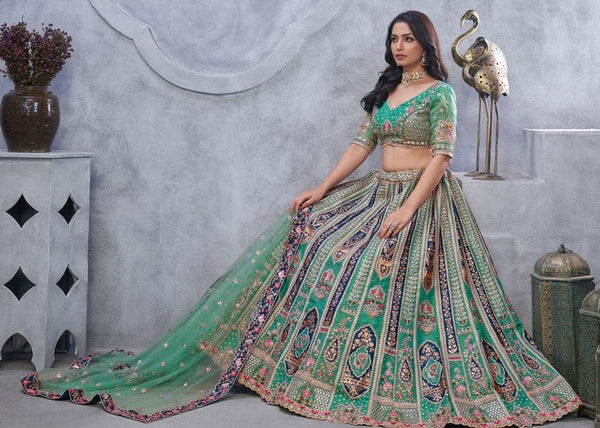 Dazzling Green Color Organza Fabric Party Wear Lehenga