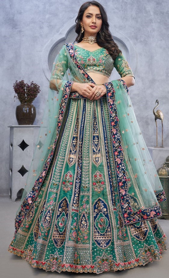 Dazzling Green Color Organza Fabric Party Wear Lehenga