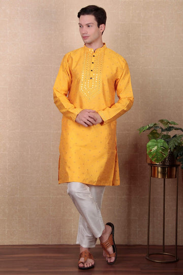 Amazing Yellow Color Jacquard Fabric Kurta Pajama