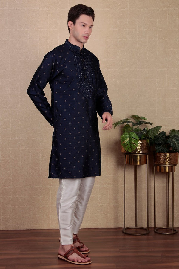 Amazing Navy Blue Color Jacquard Fabric Kurta Pajama