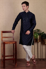 Amazing Navy Blue Color Jacquard Fabric Kurta Pajama