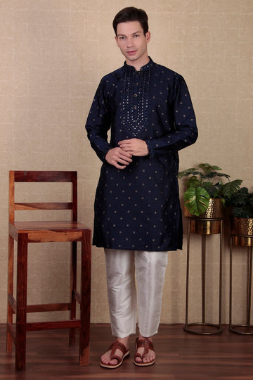 Amazing Navy Blue Color Jacquard Fabric Kurta Pajama