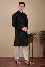 Amazing Black Color Jacquard Fabric Kurta Pajama