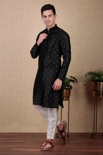 Amazing Black Color Jacquard Fabric Kurta Pajama