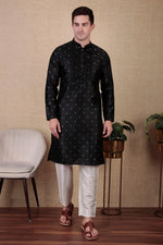 Amazing Black Color Jacquard Fabric Kurta Pajama