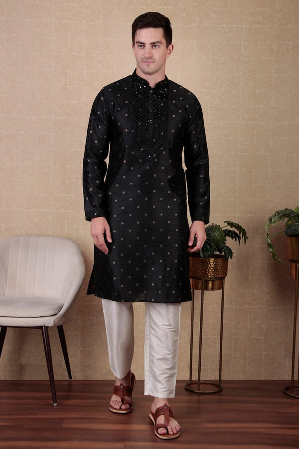 Amazing Black Color Jacquard Fabric Kurta Pajama